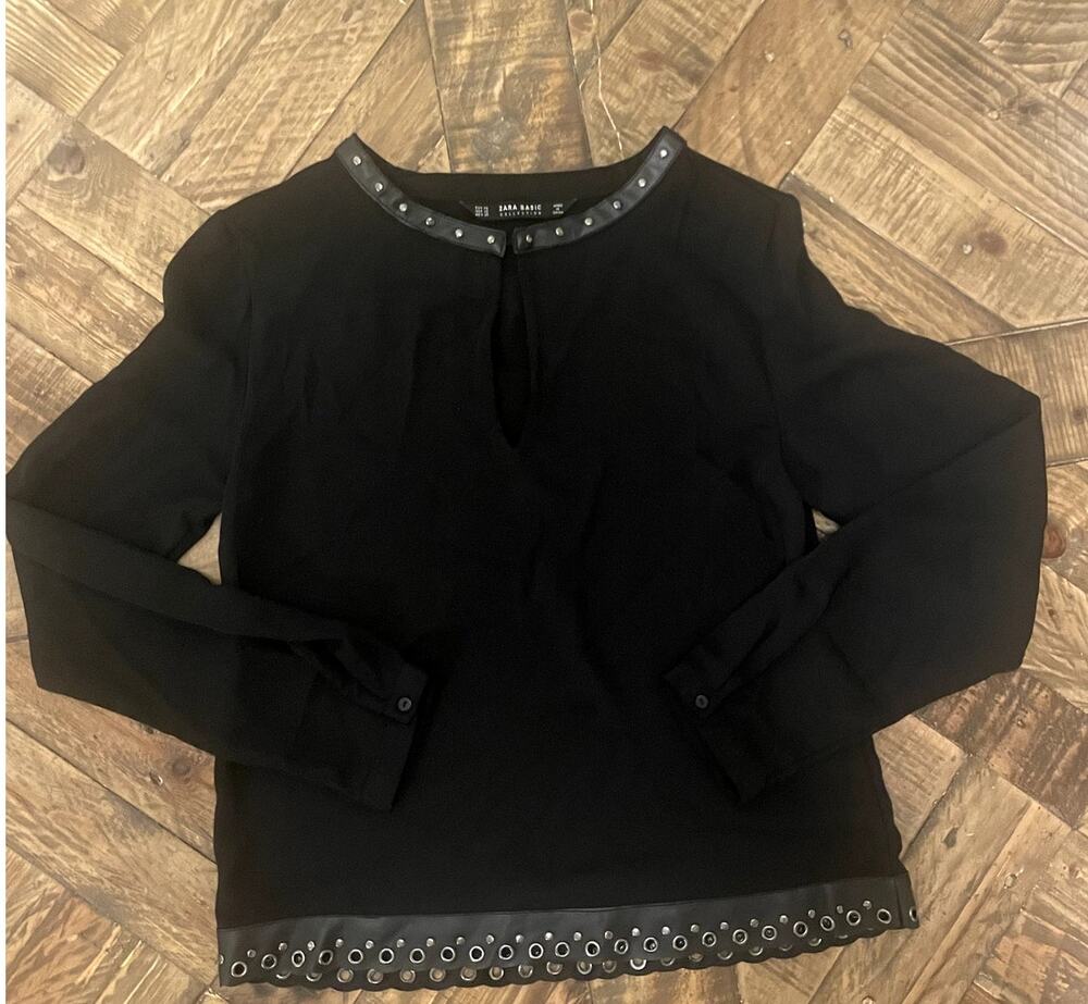 Zara NWT Basic Black Faux Leather Trim Studded Grommet Blouse Top XS
